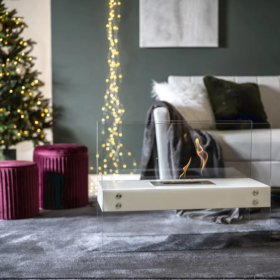 Chimenea de suelo de bioetanol en metal blanco y cristal templado - Timon Viadurini