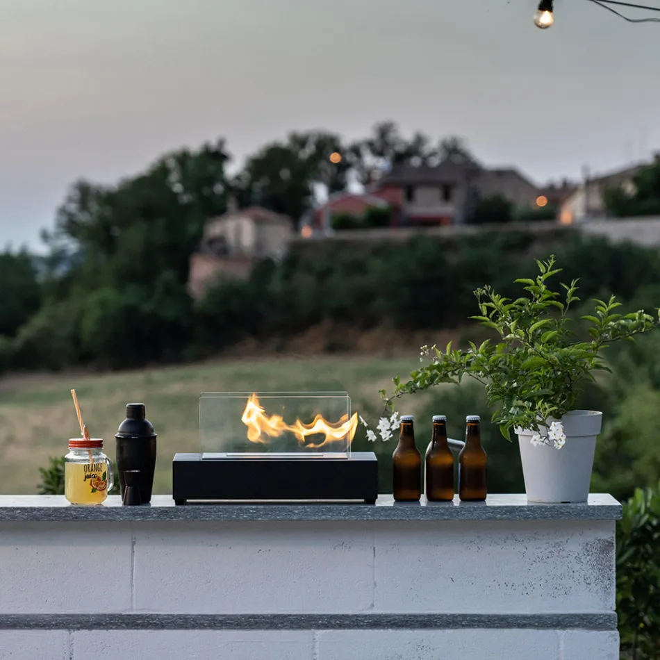Chimenea de mesa de bioetanol en vidrio templado y metal negro - Fiandre Viadurini