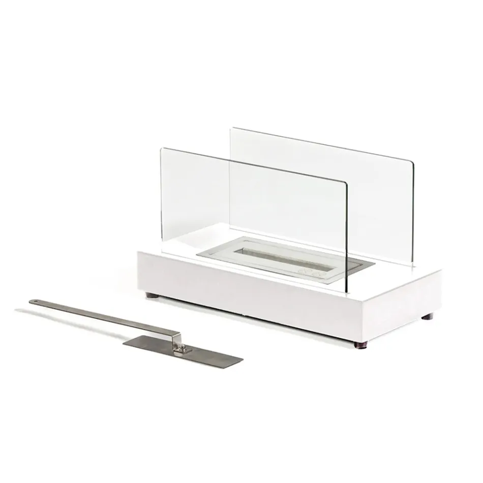 Chimenea de sobremesa de bioetanol en vidrio templado y metal - Plata Viadurini