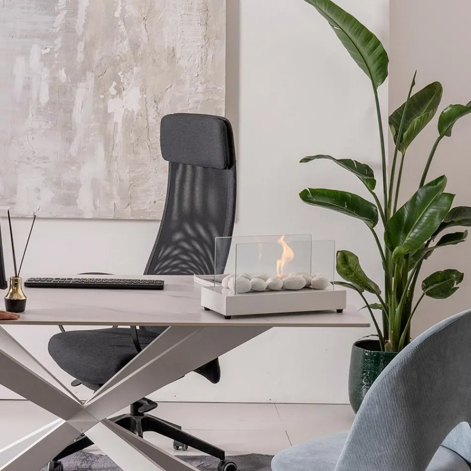 Chimenea de sobremesa de bioetanol en vidrio templado y metal - Plata Viadurini