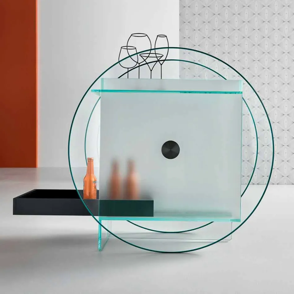 Carrito de bar en vidrio extraclaro con ruedas y bandeja extraíble - Pigolo Viadurini