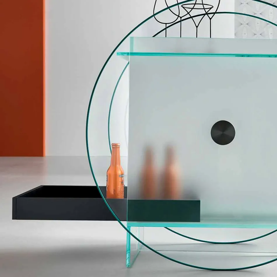 Carrito de bar en vidrio extraclaro con ruedas y bandeja extraíble - Pigolo Viadurini