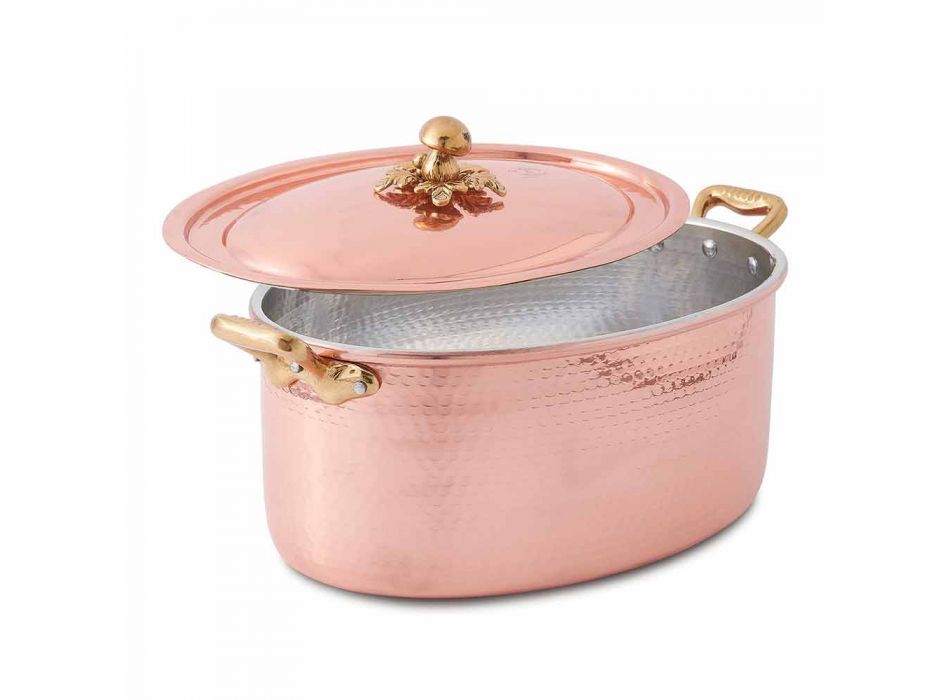 Cacerola ovalada de cobre estañado a mano para horno y tapa 37x26 cm - Mariag Viadurini