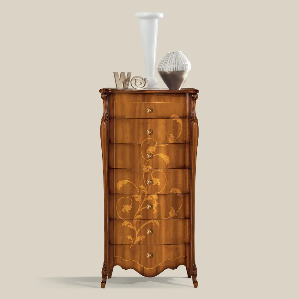 Cómoda de 7 cajones en madera de nogal con incrustaciones Made in Italy - Commodus Viadurini