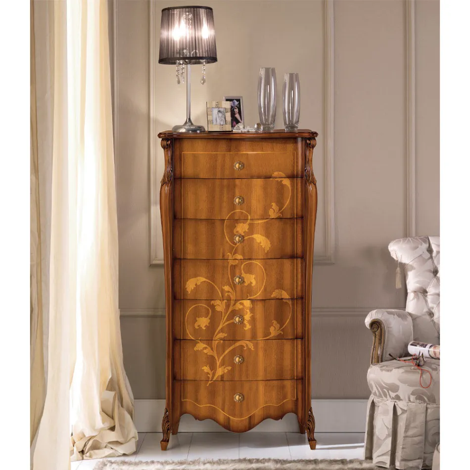 Cómoda de 7 cajones en madera de nogal con incrustaciones Made in Italy - Commodus Viadurini