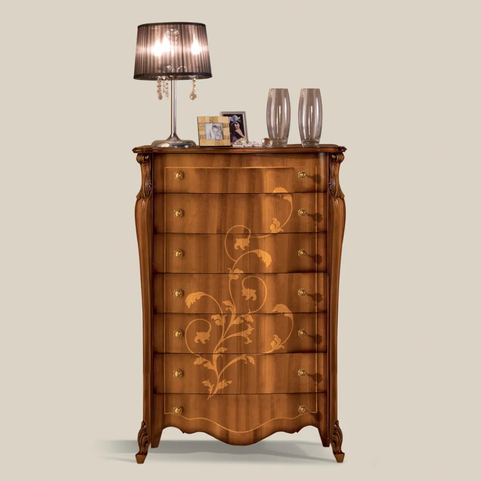 Cómoda de 7 cajones en madera de nogal con incrustaciones Made in Italy - Commodus Viadurini