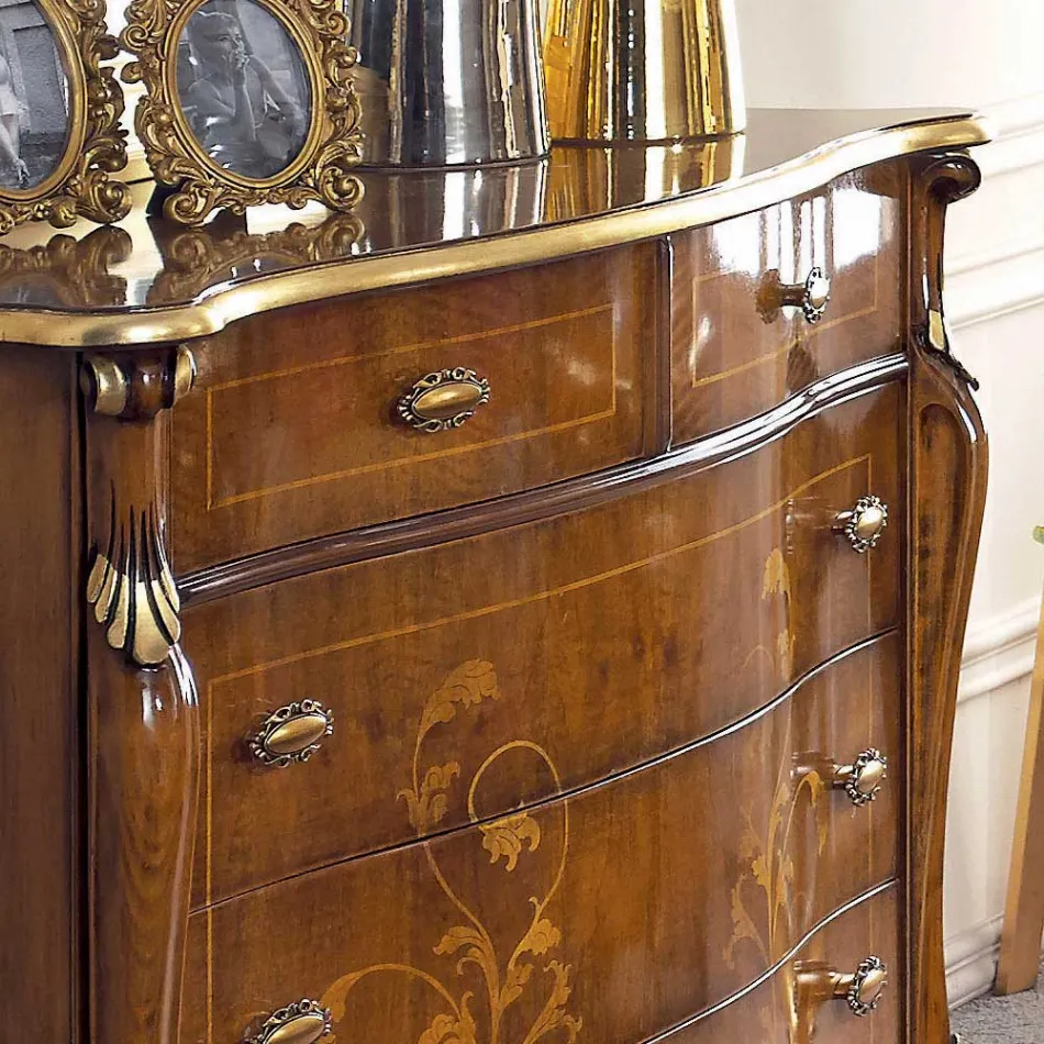 Cómoda de dormitorio en madera con incrustaciones y espejo Made in Italy - Cambrige Viadurini