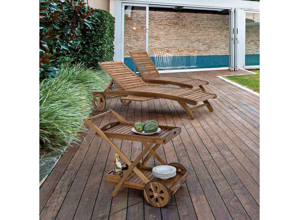 Chaise Longue de Jardín de Madera con Ruedas de Diseño para Exterior - Roxen Viadurini