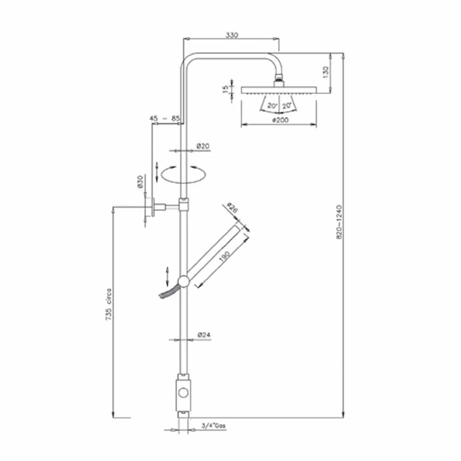 Columna de ducha de sección redonda de latón con ducha de mano Made in Italy - Amadeo Viadurini