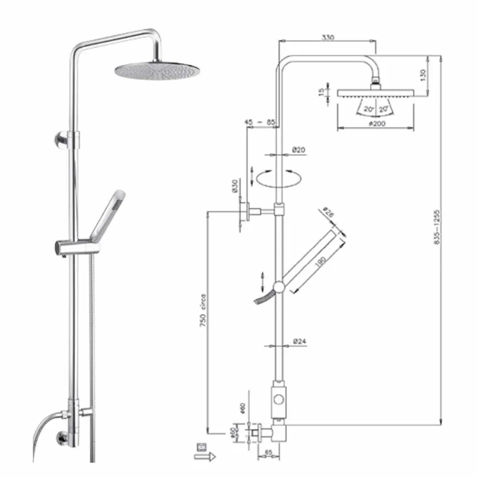 Columna de ducha de sección redonda de latón con ducha de mano Made in Italy - Amadeo Viadurini