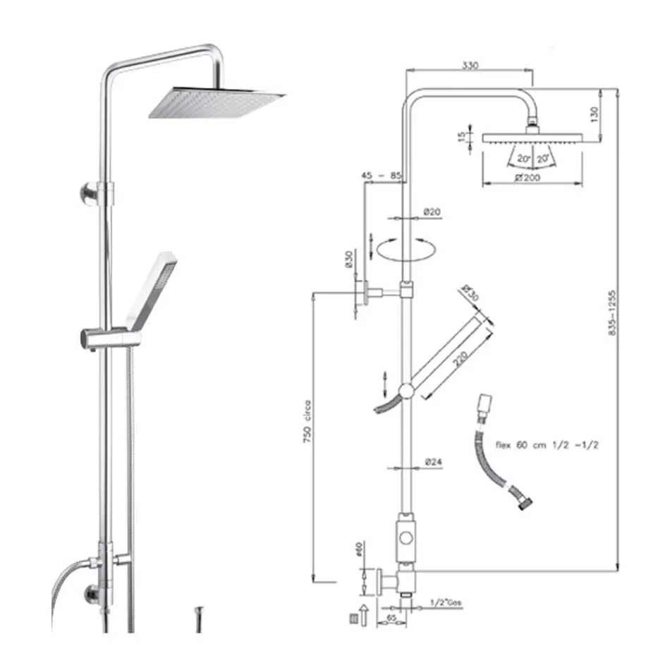 Columna de ducha de latón con rociador y teleducha en Abs Made in Italy - Lesio Viadurini