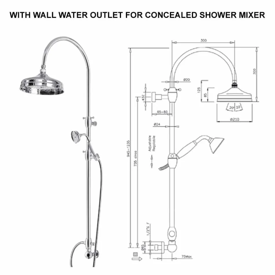 Columna de ducha de latón con cabezal de ducha redondo y ducha de mano Made in Italy - Brillo Viadurini
