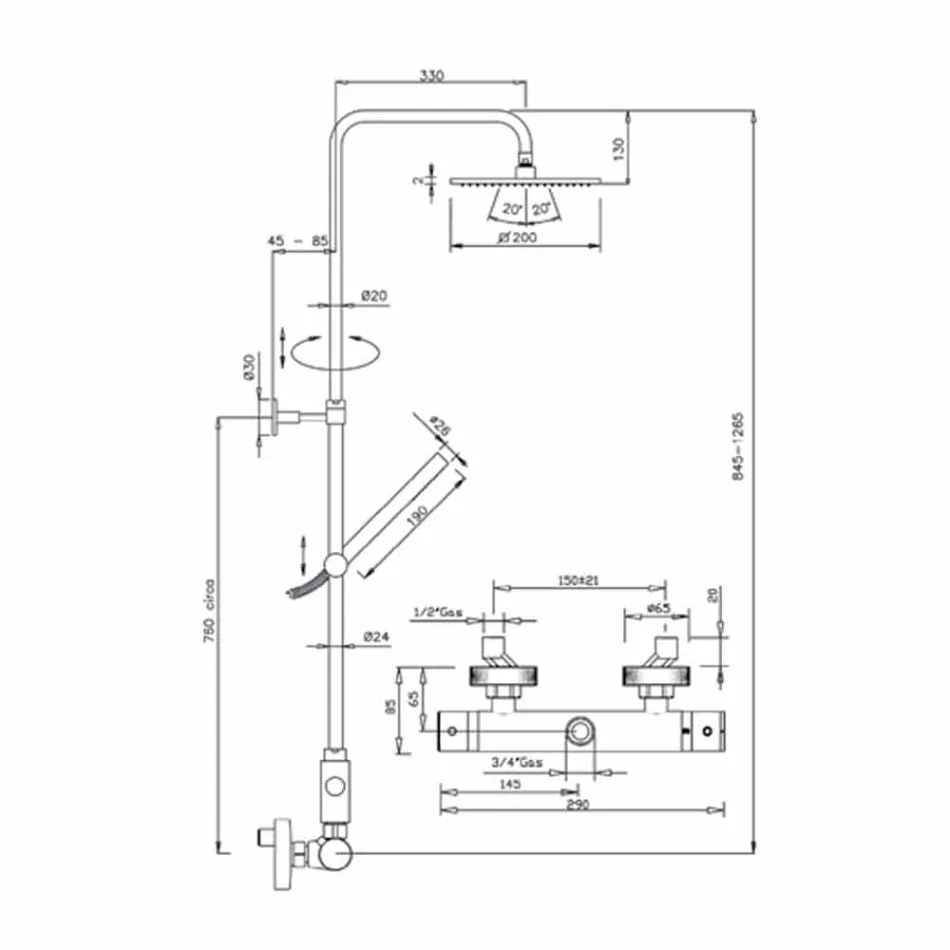 Columna de ducha en latón cromado con rociador cuadrado Made in Italy - Studio Viadurini