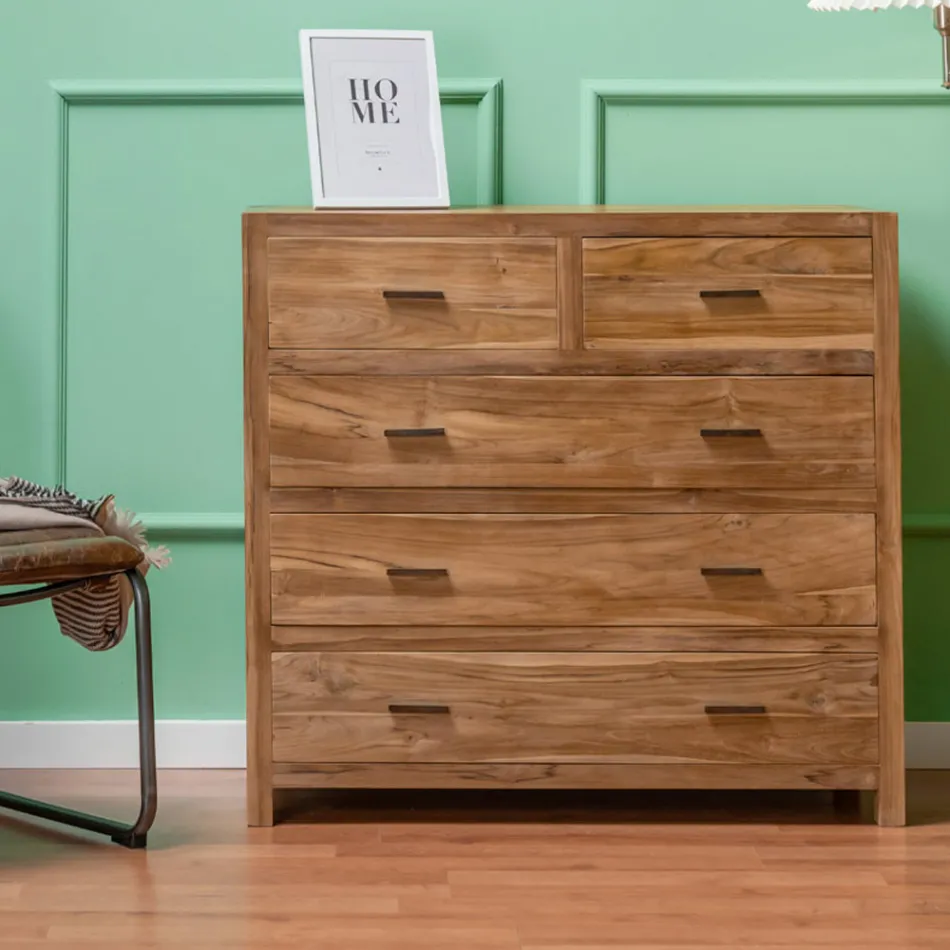 Cómoda de teca maciza con 5 cajones - Tang Viadurini