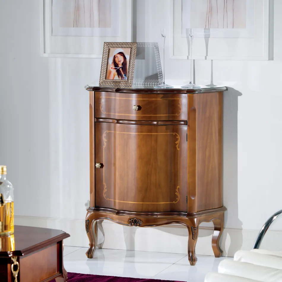 Mesita de noche clásica con puerta de madera con incrustaciones y cajón Made in Italy - Leonor Viadurini