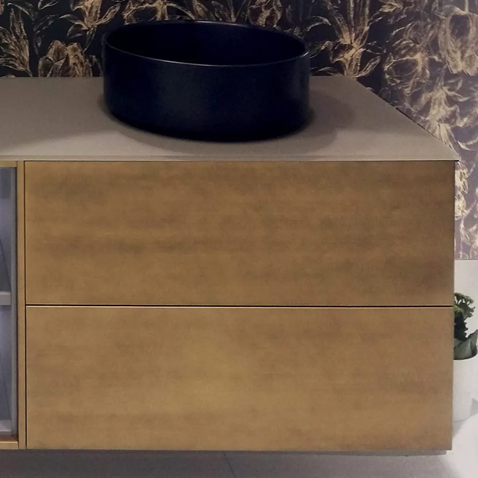 Composición 5 Mueble de baño suspendido en madera y cristal Made in Italy - Renga Viadurini