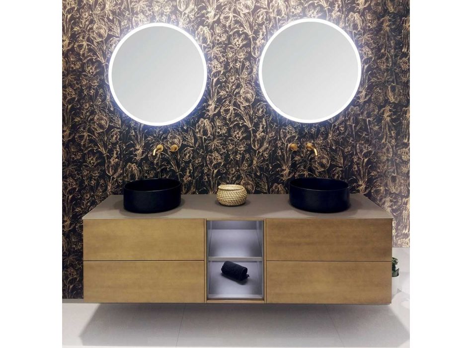 Composición 5 Mueble de baño suspendido en madera y cristal Made in Italy - Renga Viadurini