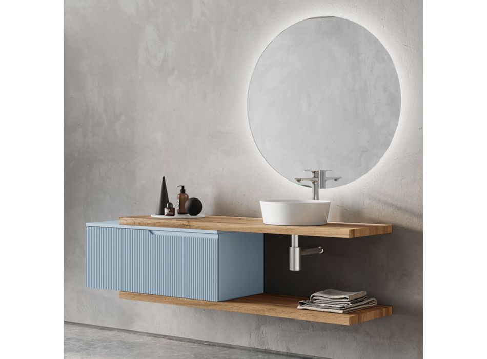 Composición de baño azul Tiffany y roble con espejo Made in Italy - Ermes Viadurini