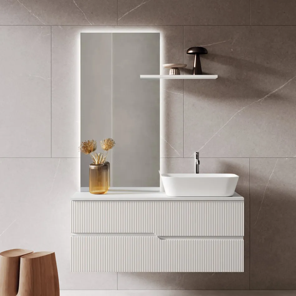 Composición de baño blanca con espejo y estante Made in Italy - Ares Viadurini