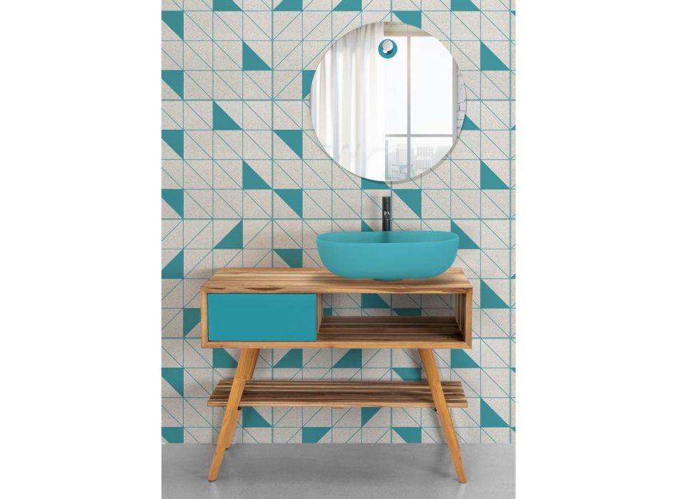 Composición de baño azul con mueble de suelo de teca y accesorios - Sylviane Viadurini