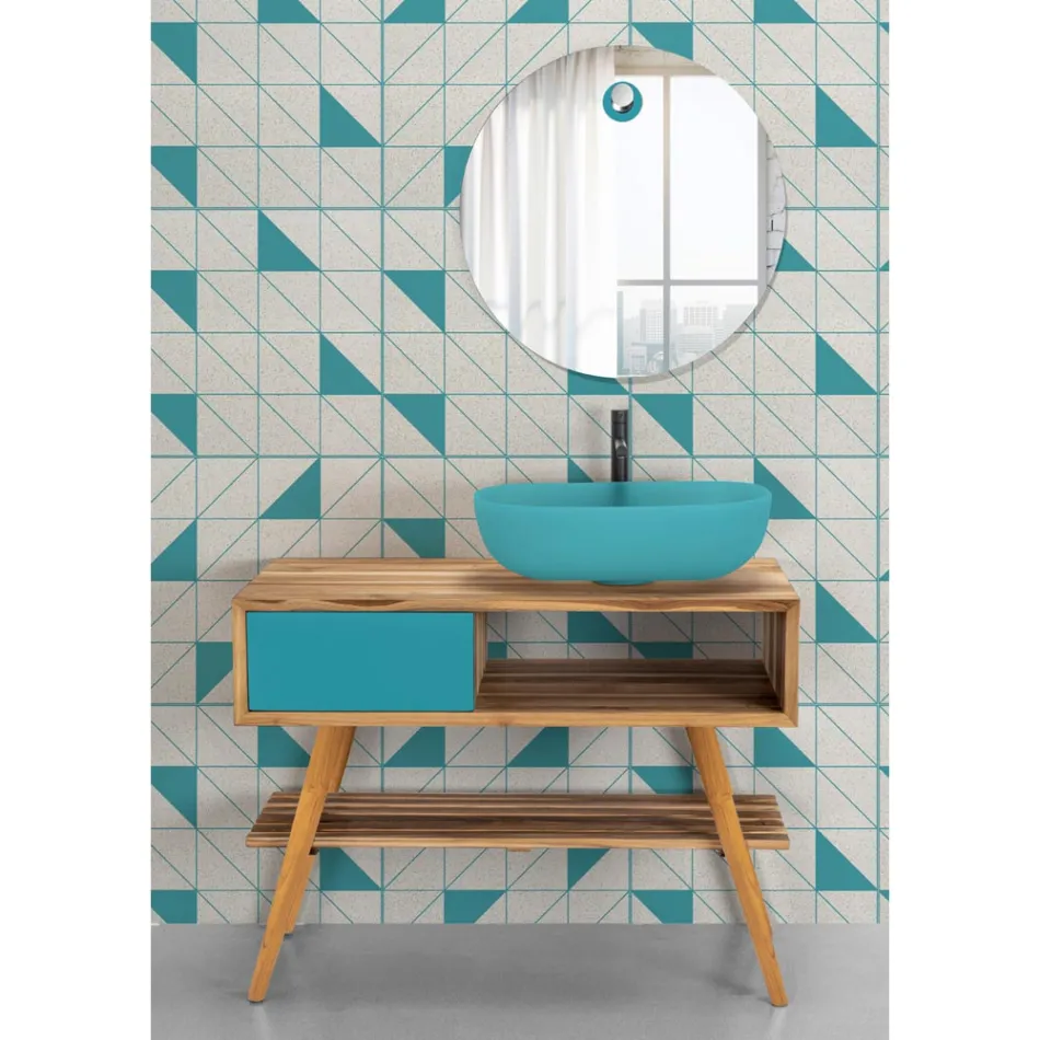 Composición de baño azul con mueble de suelo de teca y accesorios - Sylviane Viadurini