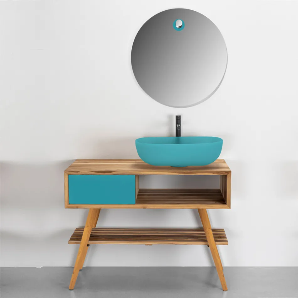 Composición de baño azul con mueble de suelo de teca y accesorios - Sylviane Viadurini