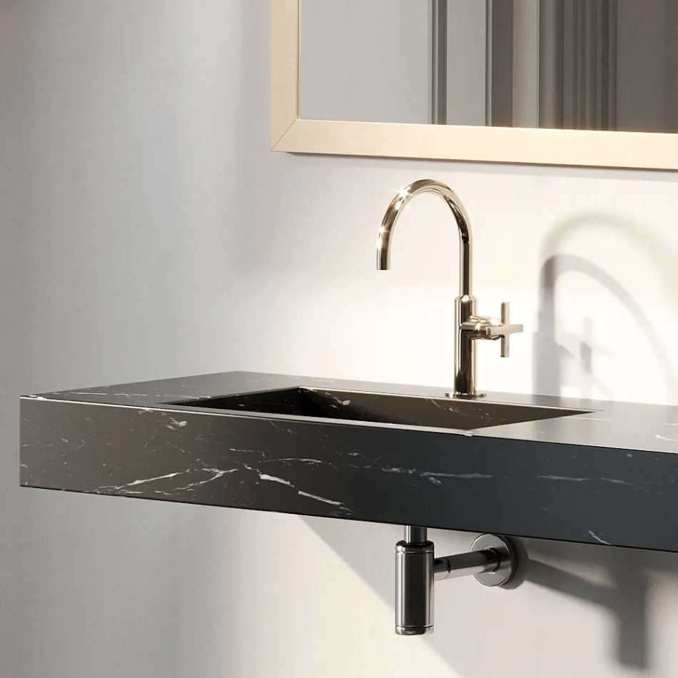 Composición de baño completa con espejo y lavabo doble Made in Italy - Palom Viadurini