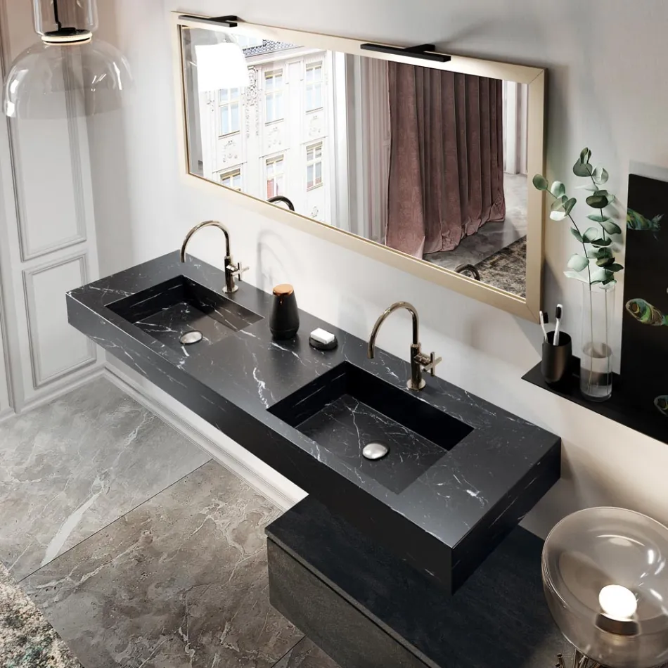 Composición de baño completa con espejo y lavabo doble Made in Italy - Palom Viadurini