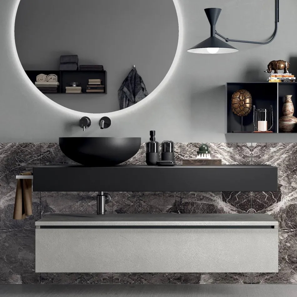 Composición de baño completa con espejo, lavabo, base y encimera Made in Italy - Palom Viadurini