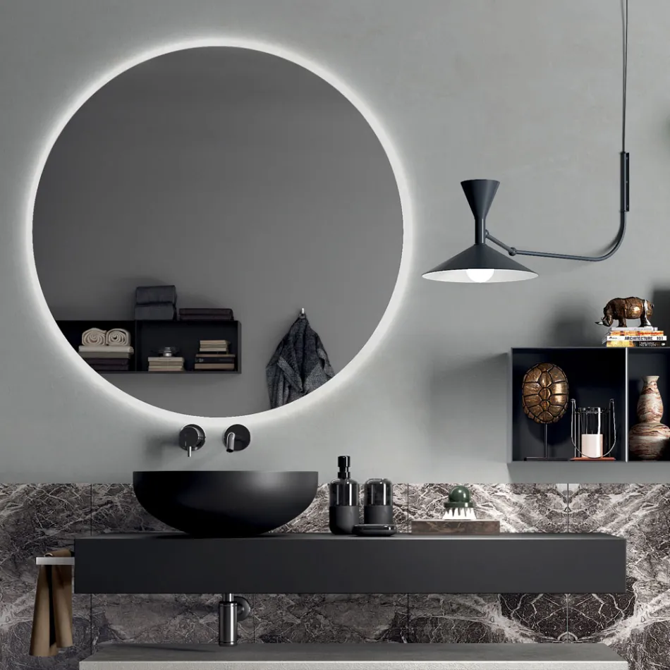 Composición de baño completa con espejo, lavabo, base y encimera Made in Italy - Palom Viadurini