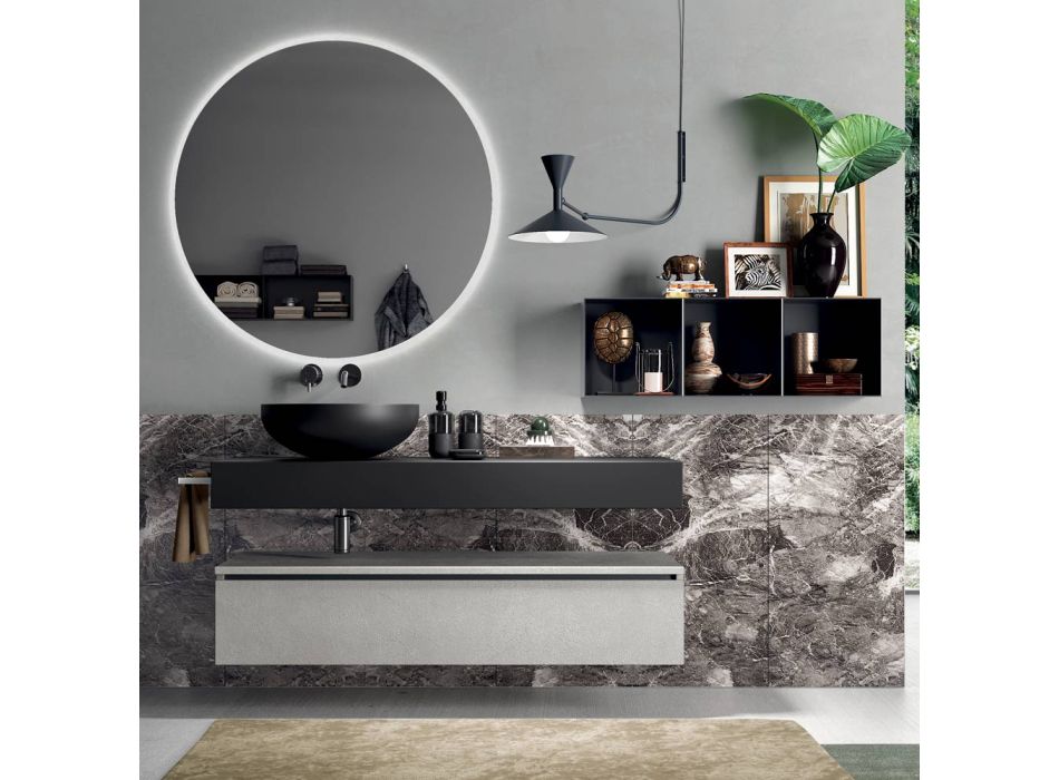 Composición de baño completa con espejo, lavabo, base y encimera Made in Italy - Palom Viadurini