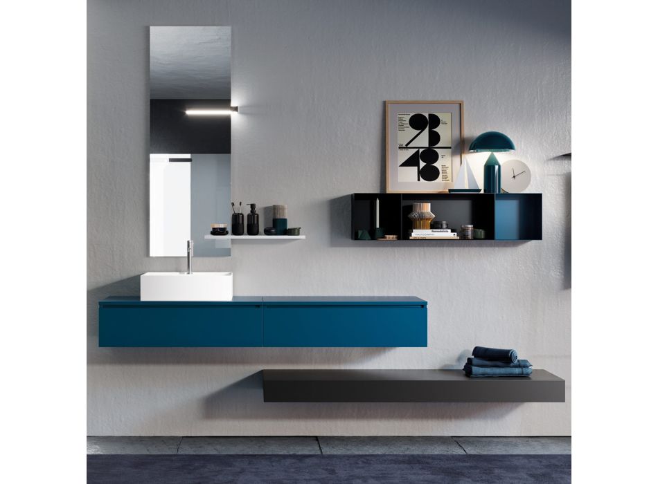 Composición de baño completo con espejo, lavabo de cerámica Made in Italy - Palom Viadurini