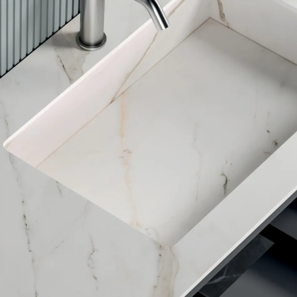 Composición de Baño con 1 Base con 1 Cajón y Compartimento Abierto y Espejo - Titan Viadurini