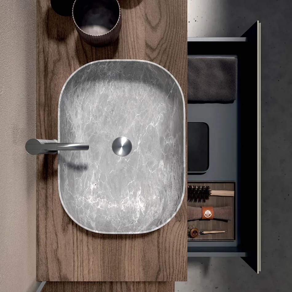 Composición de baño con 1 cajón, 2 estantes de roble, lavabo y espejo - Titan Viadurini