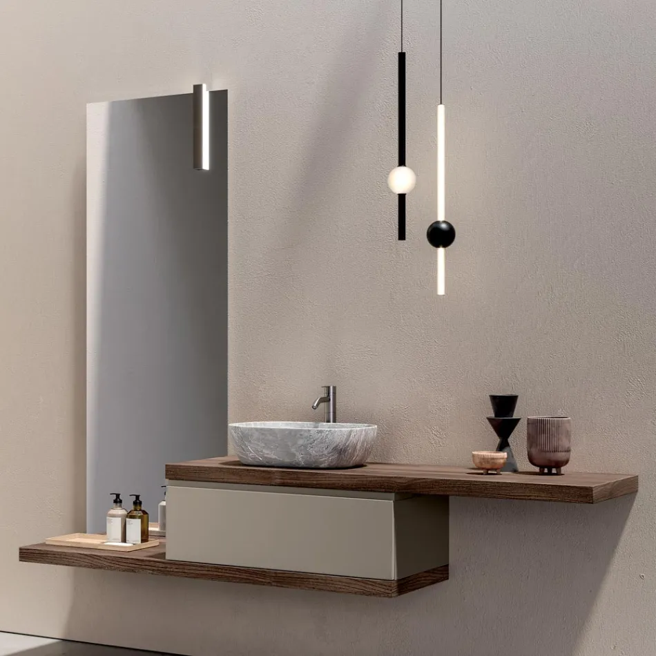 Composición de baño con 1 cajón, 2 estantes de roble, lavabo y espejo - Titan Viadurini