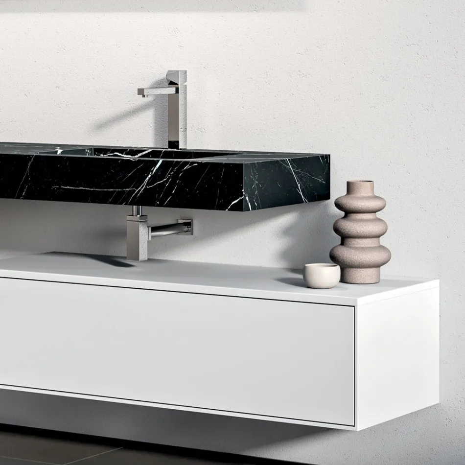 Composición de baño con 1 cajón blanco, espejo y balda Marquina HPL - Velaria Viadurini