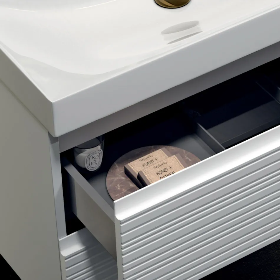 Composición de baño con 2 cajones blanco mate, lavabo y espejo - Elios Viadurini