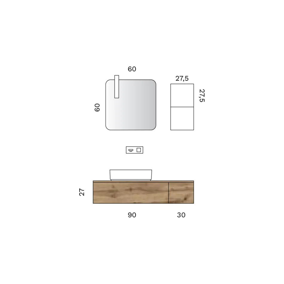 Composición de baño con 2 cajones de roble, lavabo de cerámica y espejo - Titan Viadurini