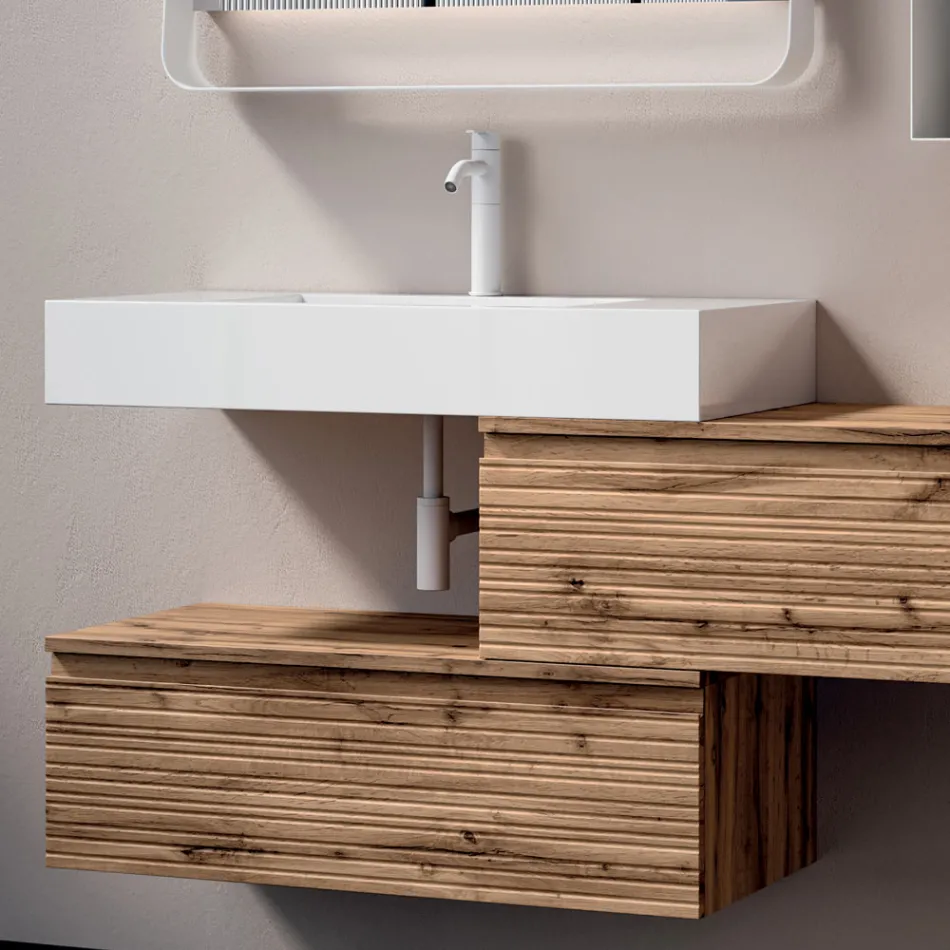 Composición de baño con 2 cajones, lavabo blanco, espejo y mueble de pared - Elios Viadurini