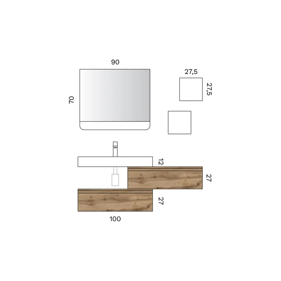 Composición de baño con 2 cajones, lavabo blanco, espejo y mueble de pared - Elios Viadurini