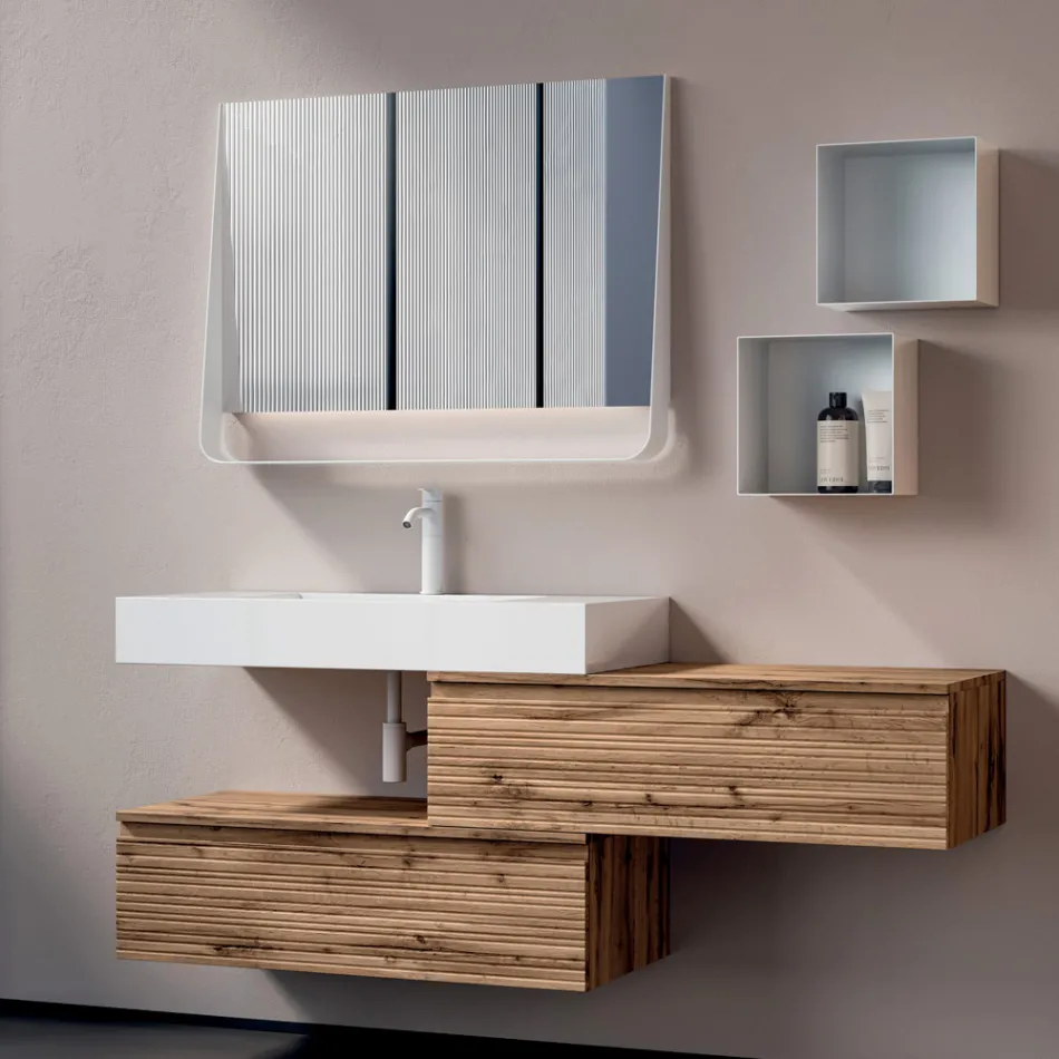 Composición de baño con 2 cajones, lavabo blanco, espejo y mueble de pared - Elios Viadurini