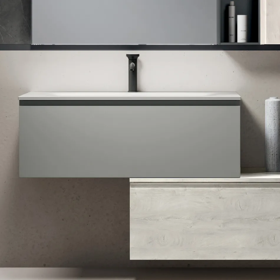 Composición de baño con 2 cajones, mueble de pared, columna y espejo - Titan Viadurini