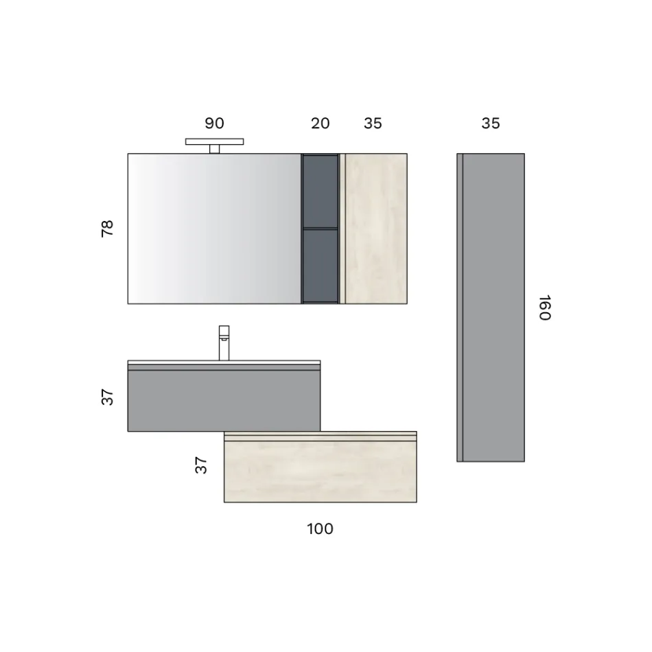 Composición de baño con 2 cajones, mueble de pared, columna y espejo - Titan Viadurini