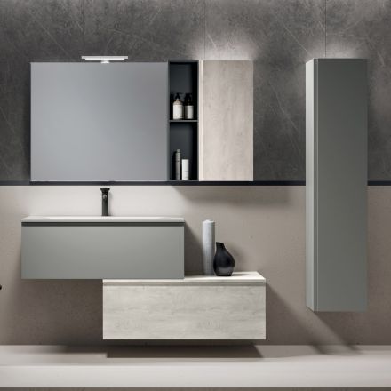 Composición de baño con 2 cajones, mueble de pared, columna y espejo - Titan Viadurini