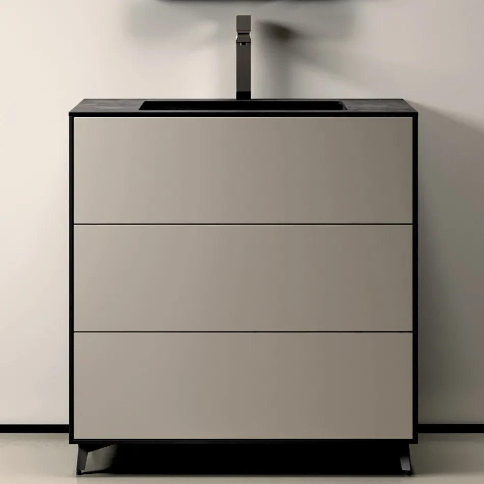 Composición de baño con 3 cajones gris paloma mate, espejo y lavabo - Velaria Viadurini