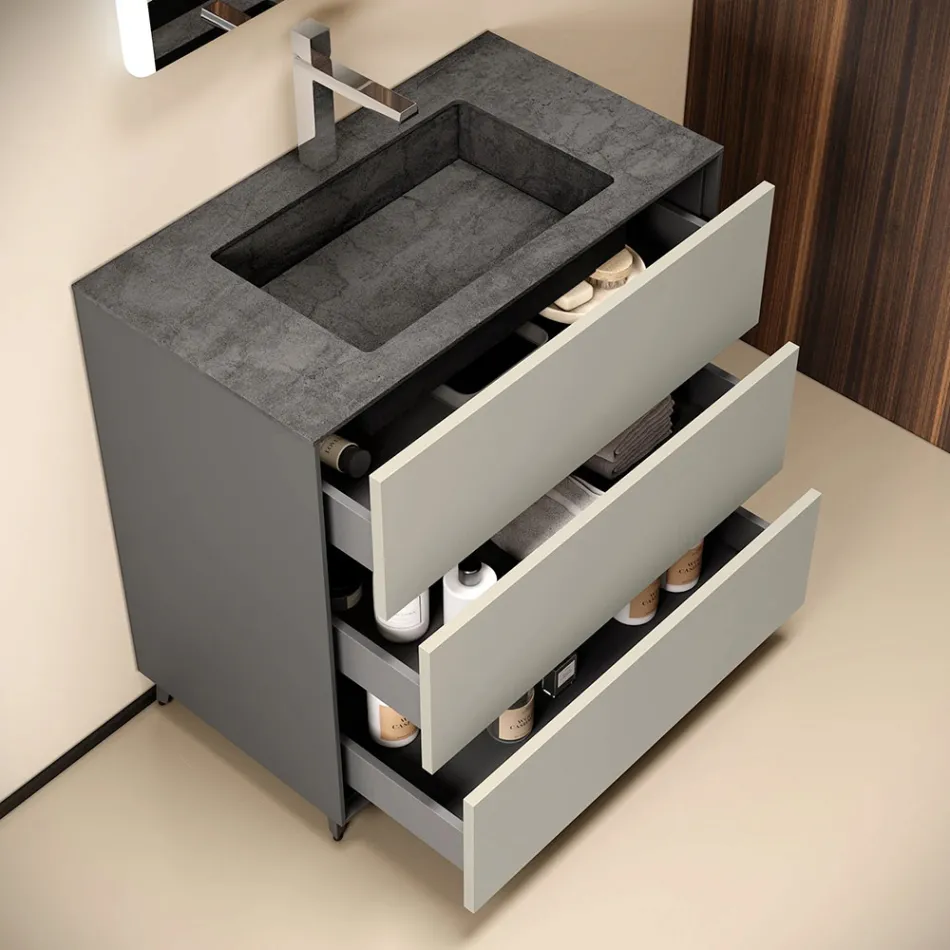 Composición de baño con 3 cajones gris paloma mate, espejo y lavabo - Velaria Viadurini