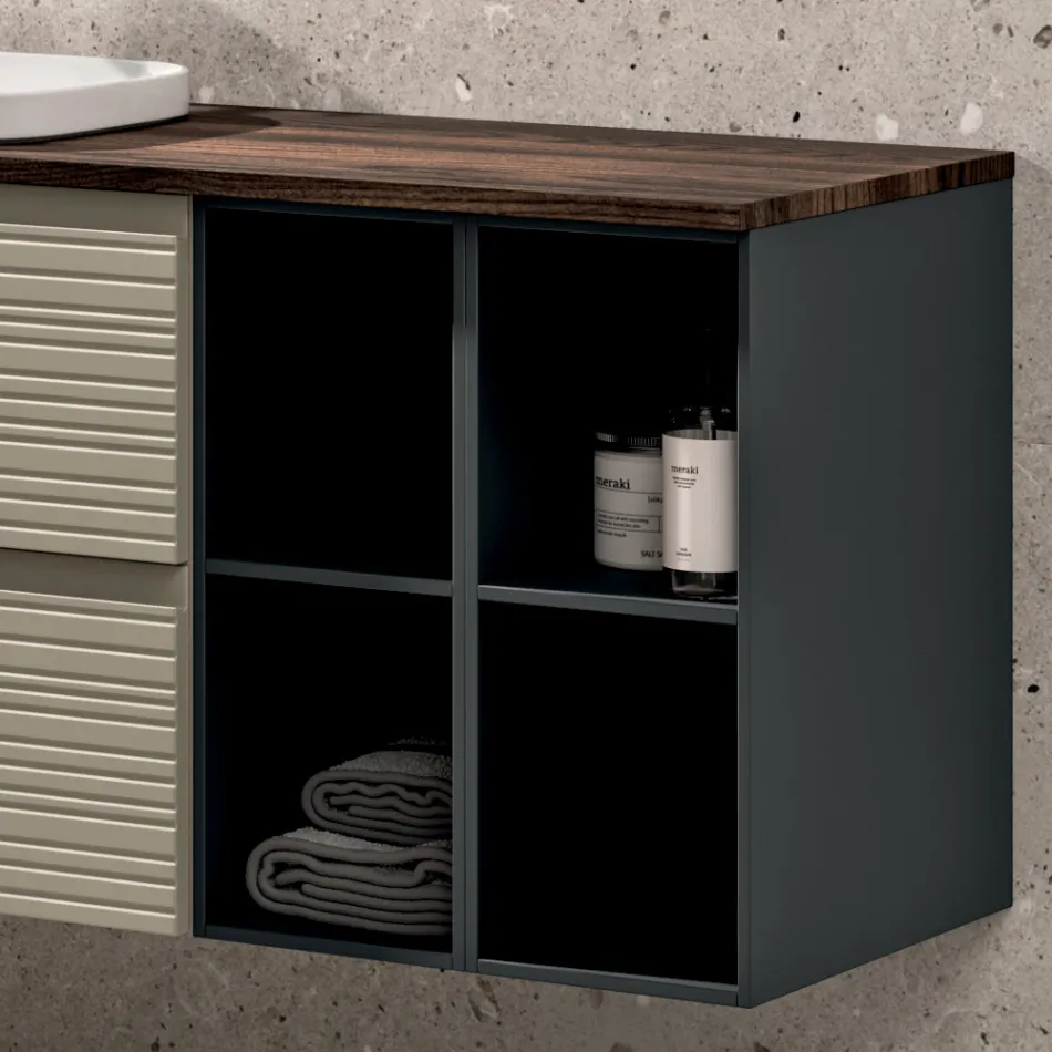 Composición de baño con 4 cajones, lavabo, espejo y estantes abiertos - Elios Viadurini