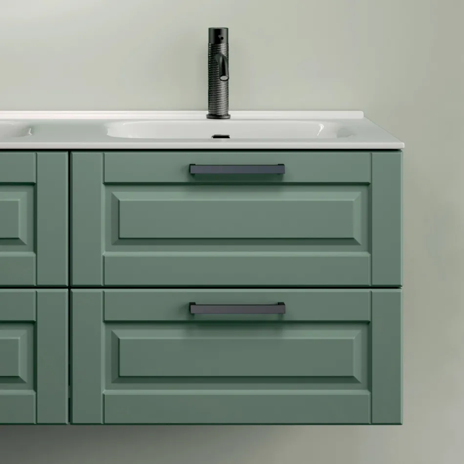 Composición de baño con 4 cajones verde salvia, espejo y lavabo - Magnolia Viadurini