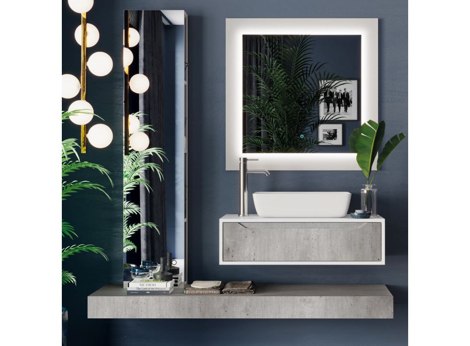 Composición de baño con base, encimera, lavabo y columna de espejo Made in Italy - Polsen Viadurini