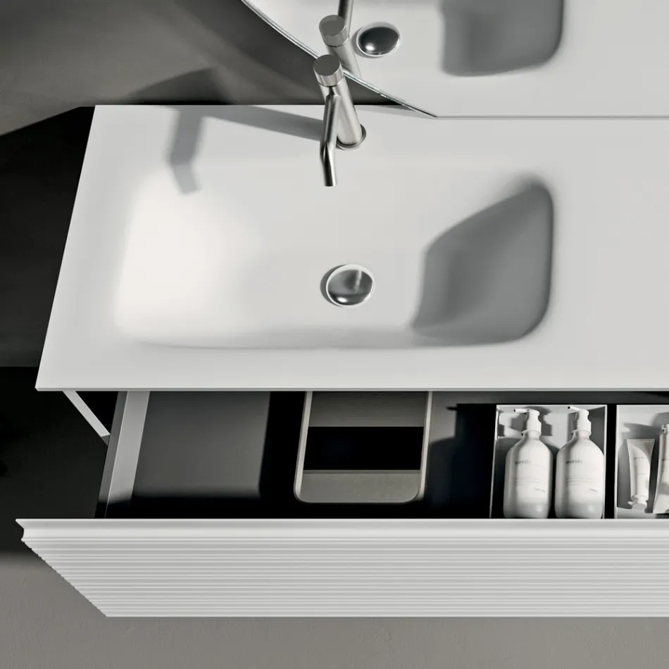 Composición de baño con cajones, lavabo de cerámica y espejo LED - Elios Viadurini